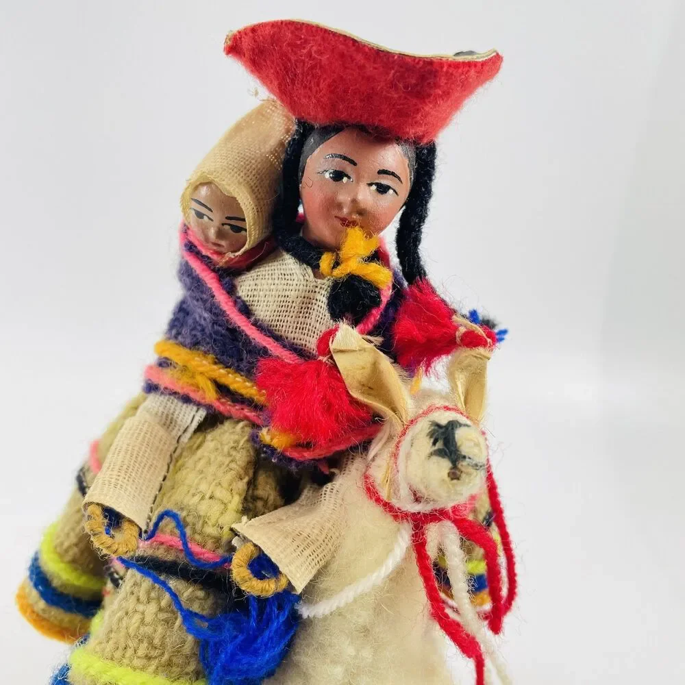 VTG Handmade Peruvian Woman Folk Art Doll w/Baby & Llama 6.5 in Souvenir